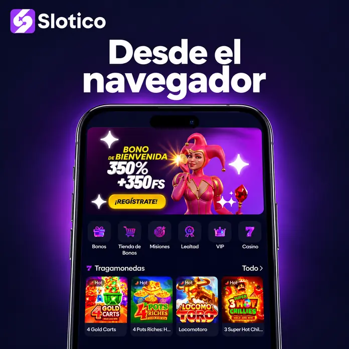 Ilustración de Slotico en un celular con el lobby y accesos a las secciones del sitio