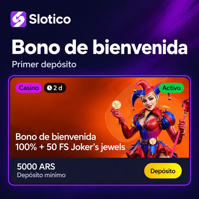 Tarjeta del primer bono de bienvenida de Slotico con 100% y 50 giros