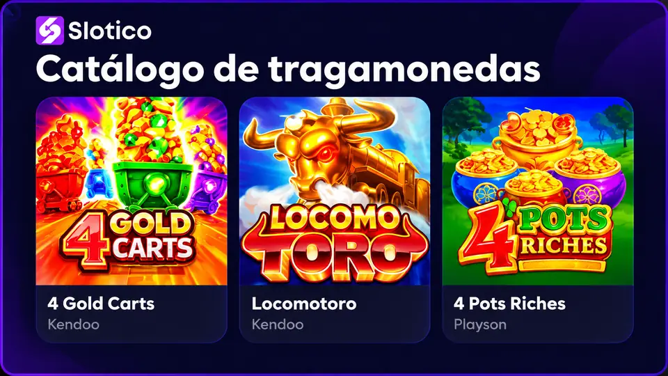 Catálogo de Slotico con 4 Gold Carts, Locomotoro y 4 Pots Riches