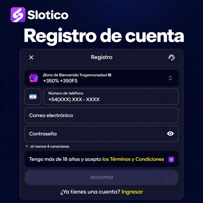 Formulario de registro de Slotico con teléfono, correo electrónico y contraseña