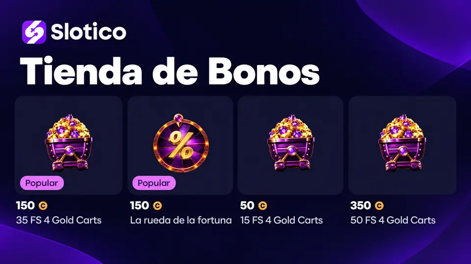 Tienda de Bonos de Slotico con giros de 4 Gold Carts y la rueda de la fortuna